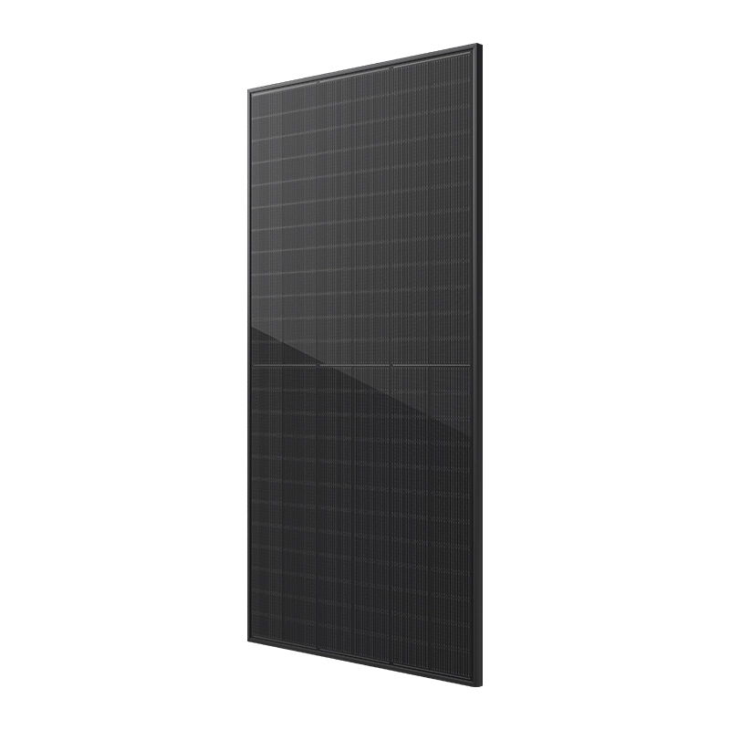Full black 182mm 144 cell TOPCon monocrystalline solar panel with 570-590W output, utilising advanced mono cell technology.